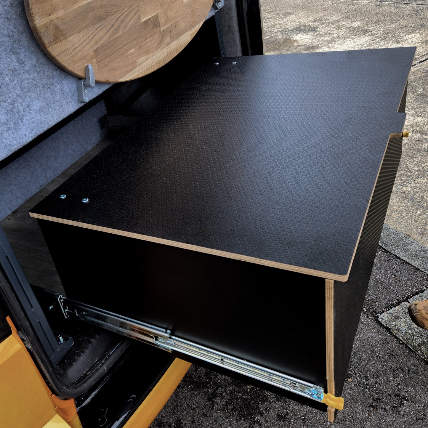 Rear Pull-Out Drawer Storage System