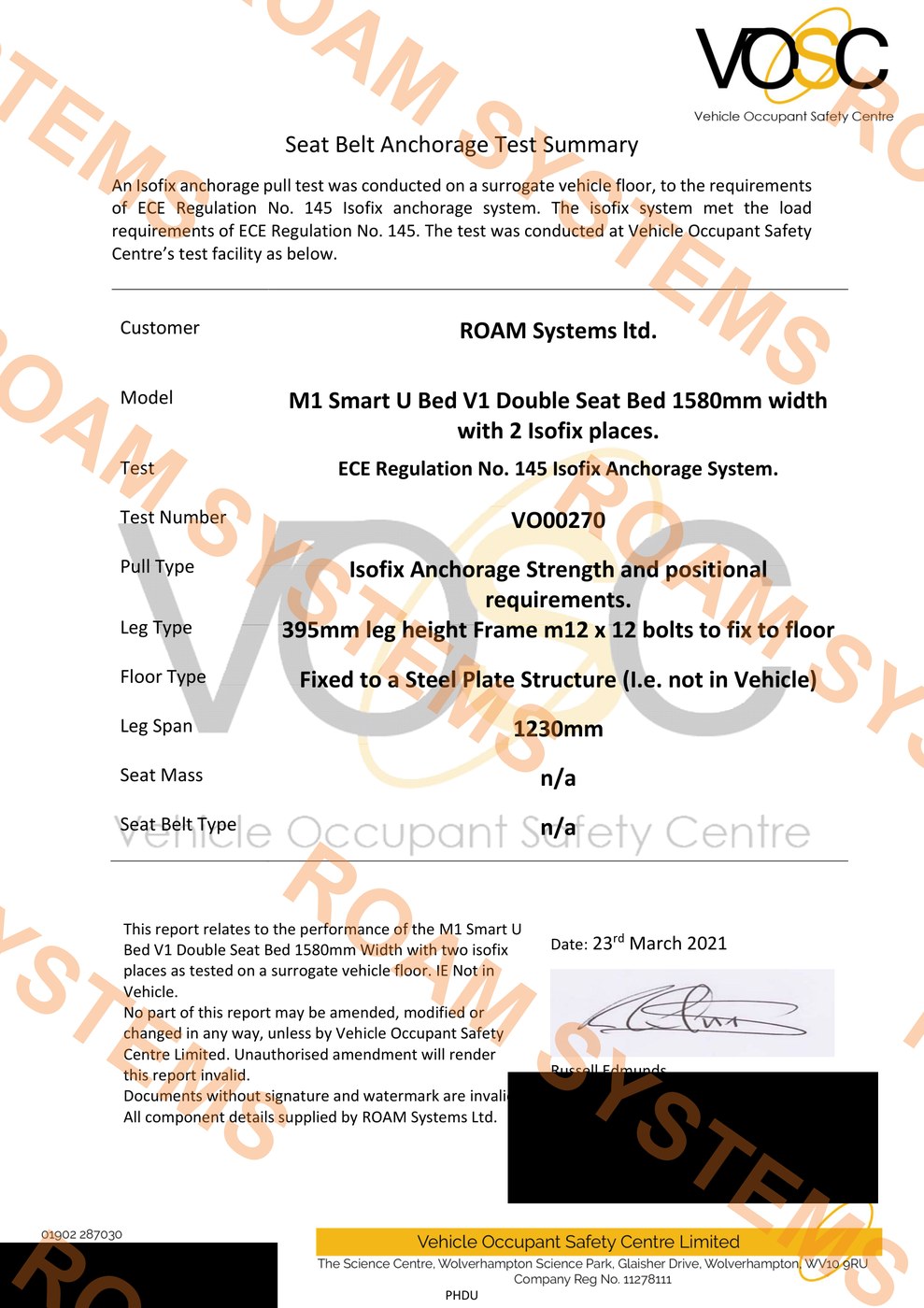 ISOFIX Anchorage Test Certificate