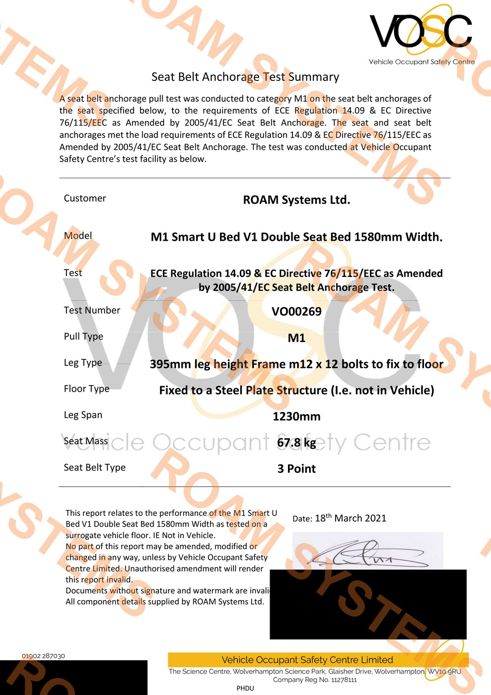 M1 Seat Belt Anchorage Test Certificate